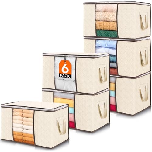 Lifewit Lot de 6 Sac Rangement Vetement 60L, Boite Rangement Déménagement Bac de Rangement pour Vêtements, Couvertures, Couettes, Caisse Rangement Pliable avec Poignée Renforcée, Beige