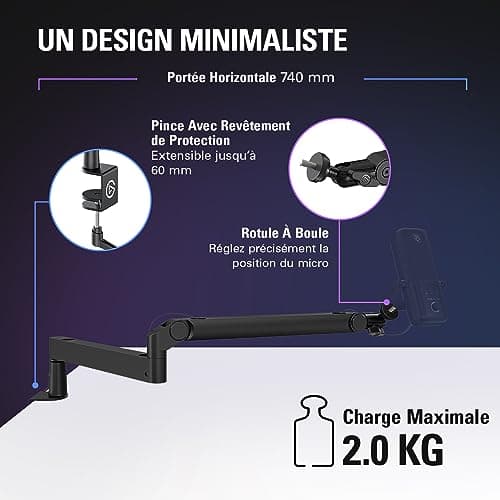 Elgato Wave Mic Arm LP - Perche de micro haut de gamme compacte avec passe-câbles, pince pour bureau, fixation polyvalente, entièrement réglable, idéale pour podcasts, streaming, jeux, télétravail