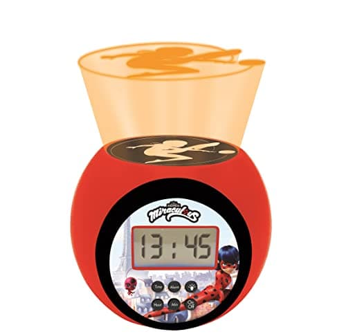 Lexibook- Réveil projecteur Miraculous avec Fonction Alarme et répétition Snooze, veilleuse avec minuterie, écran LCD, à Piles, Rouge/Noir, RL977MI