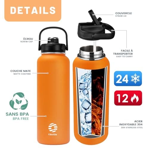 Fjbottle Gourde en acier inoxydable avec paille 950 ml/1200 ml, 2 couvercles sans BPA, Bouteille d'eau anti-fuite – Bouteille isotherme pour le sport, le vélo, l'école, le fitness