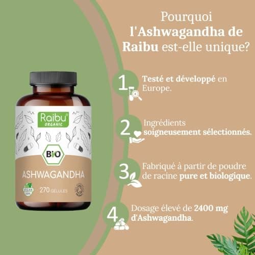 Ashwagandha BIO - 270 Gélules - Extra Fort : 2400 mg/jour - Ashwagandha Biologique Certifiée (Ginseng Indien/Withania Somnifera) - Sans Additifs, Végétalien - Pour votre Bien-être - Raibu