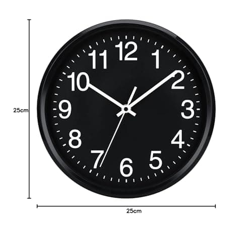 Plumeet Grande Horloge Murale, 25cm Horloge Murale Décorative de Qualité, Mécanisme Silencieux à Quartz, pour Maison/Cuisine/Bureau/École,Fonctionne sur Pile (Noir)