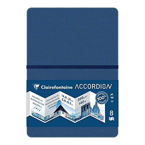 Clairefontaine 975969C - Carnet de Voyage Accordion - 8 Pages Papier Aquarelle Blanc Grain Moyen Fin A5 14,8x21 cm 300g - Idéal pour les Artistes Globe-trotteurs