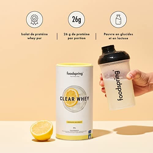 foodspring Clear Whey, Limonade, 480g, Shake protéiné léger et rafraîchissant de Whey Isolate premium.