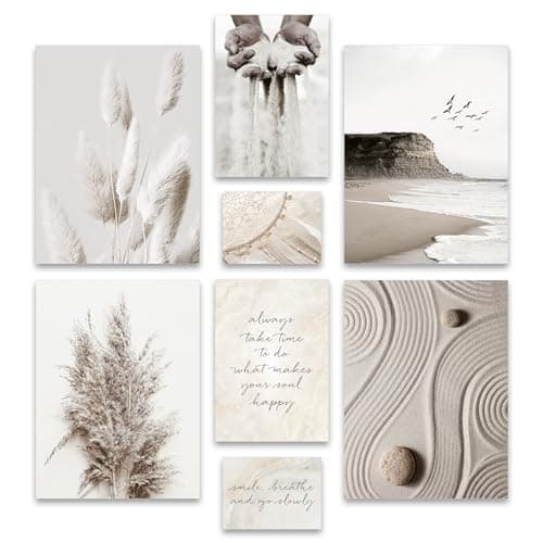 ARTFAVES® - Lot d'affiches - RÊVES BEIGE - Décoration murale 8 affiches modernes herbe de la pampa, mer, plage, pleine conscience, yoga - sans cadre