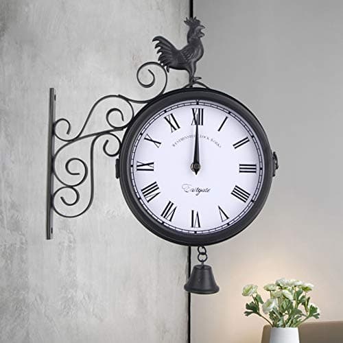Horloge de jardin - Horloge de gare - Montre Résistante aux intempéries - Design double face - Étanche - 20 cm - Rétro - Avec support mural - Pour jardin, couloir, véranda, gare - Noir