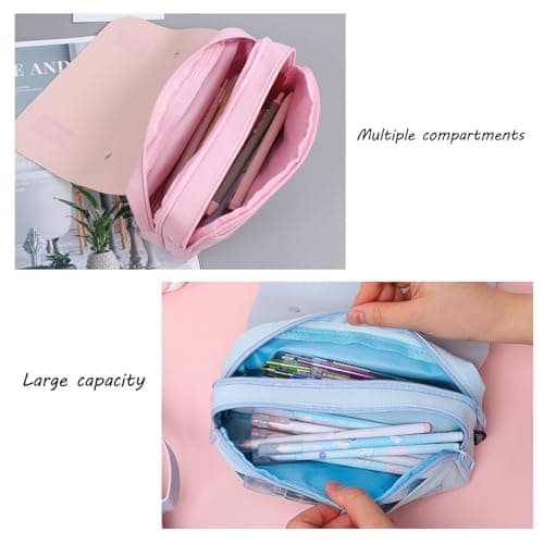 Trousse Scolaire en Oxford de Grande Capacité avec Poignée, Grand Étui à Crayons à 3 Compartiments Imperméable Trousse à Crayons pour Filles et Garçons (Rose)