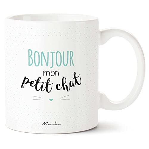 Manahia Mug Chat - Bonjour mon petit chat - Bleu - Imprimé en France - Avec boite Kraft - 330 mL Céramique - Cadeau Saint Valentin - Cadeau Homme - Tasse Chat - Amour