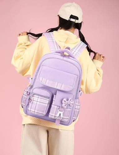 Adigau Sac à Dos Kawaii pour L'école Multipoches Grande Capacité Sacs à Livres Réglable Imperméable Étudiant Cartable Violet