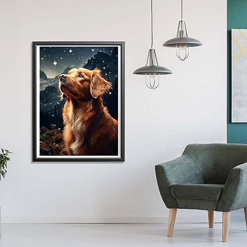 Diymood 5D Kit Complet de Broderie Diamant Chien - Peinture Diamant Nuit Étoilée Rond Point de Croix - Décoration Murale pour Chambre, DIY Diamond Painting Maison 30x40cm