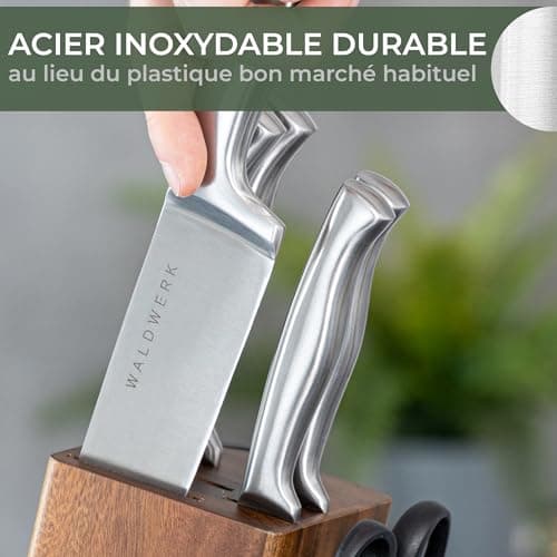 WALDWERK Couteau Cuisine - 7 Couteaux de Cuisine avec Bloc de Rangement et Aiguiseur Intégré - Bloc Couteaux Cuisine - Set Couteaux de Cuisine avec Support - Couteaux et Ustensiles de Cuisine