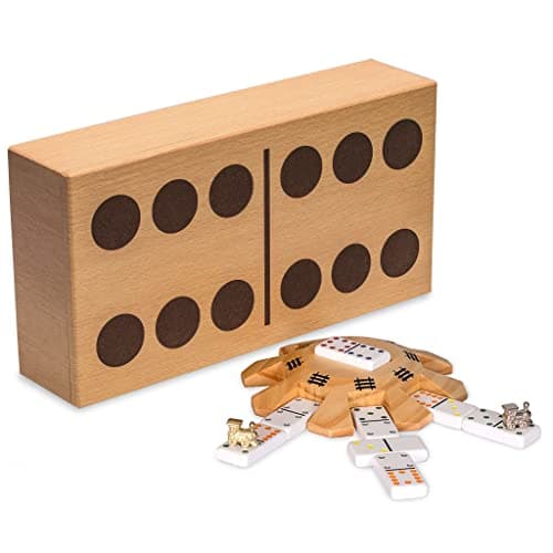 Yellow Mountain Imports Train Mexicain Jeu Complet avec 12 Dominos Doubles (Pions/Points), Moyeu en Bois, Marqueurs de Train en Fonte et Carnet de Score