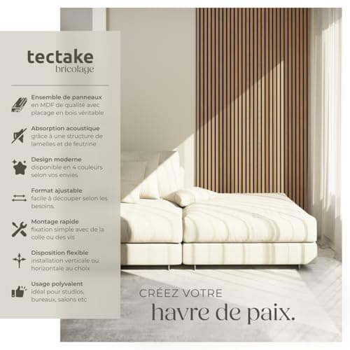tectake® Lot de 2 panneaux acoustiques muraux et pour plafond, en Bois MDF, 120 x 60 x 2,1 cm par panneau mural decoratif pour isolation phonique Chambre, Bureau, Studio de musique Decoration murale