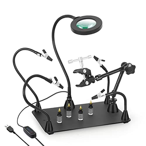 Mains secourables, troisième main à souder, support de carte de circuit imprimé avec lampe loupe 3X LED, support de pistolet à air chaud, bras métalliques flexibles et base robuste