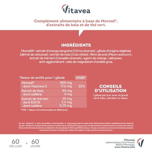 Morosil® 400 mg, Thé Vert, Kola - Efficacité Scientifiquement Prouvée du Morosil® - Actifs Naturels - 60 gélules, 2 mois - Fabriqué en France - Vitavea