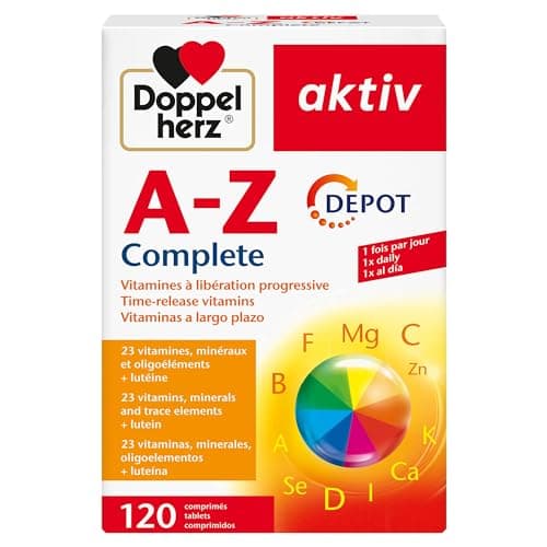 Doppelherz aktiv A-Z Complete Depot, Complément alimentaire, Vitamines à libération progressive, calcium, magnésium, fer, zinc, biotine, acide folique, 120 comprimés