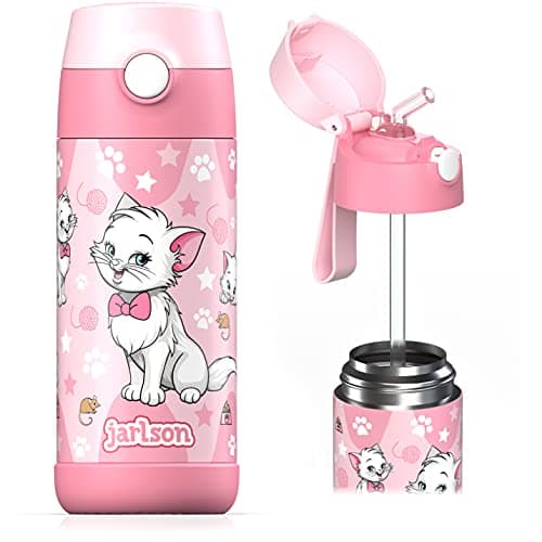 Jarlson - Gourde Enfant INOX - Bouteille Isotherme Enfant 350 ML - Gourdes sans BPA - avec de la Paille - pour l'école, Les Sports et la Maternelle (Chat 2, 350 ML)
