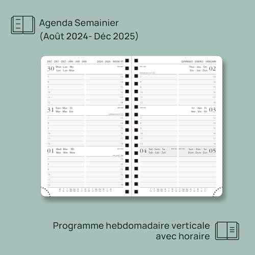 POPRUN Agenda de Poche 2025 16 x 10,5 cm D'août 2024 à déc 2025 - A6 Planner Semainier Scolaire 17 Mois avec Couverture Souple Spirale, Intervalle Horaire, Papier Certifié FSC®80 g/m2 - Marron