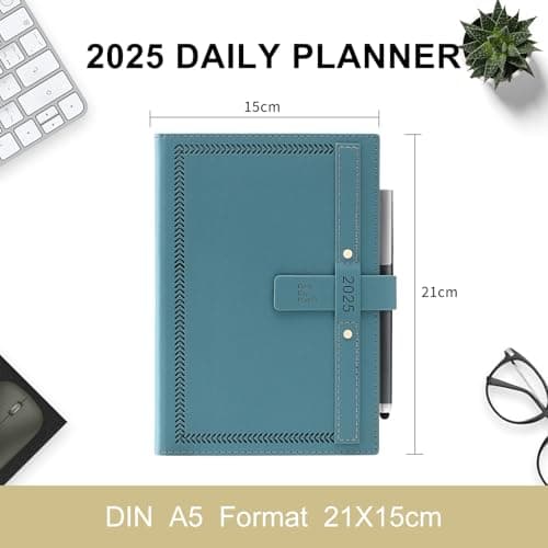 Agenda 2025 annuel complet une page par jour de janvier 2025 à décembre 2025 - Agenda journalier mensuel avec calendrier, stylo, porte-stylo, onglets mensuels et poche intérieure - Bleu - Format A5