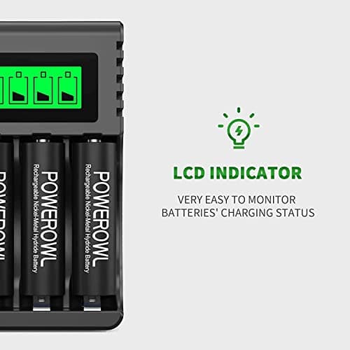 POWEROWL 4 Slots Chargeur Piles Rechargeable Charge Rapide pour AA AAA Rechargeable avec Port USB