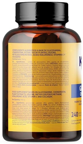 Glucosamine et Chondroïtine 240 gélules avec MSM, collagène marin, acide hyaluronique, curcuma, poivre noir, gingembre, boswellia et quercétine pour articulations, cartilage, os