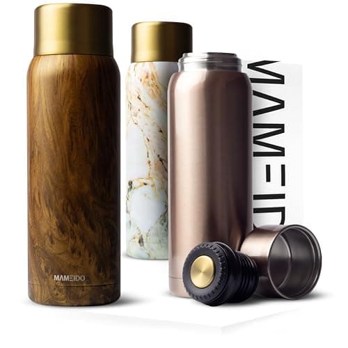 MAMEIDO Bouteille Isotherme 1l avec Mug en Acier inox, Gourde Isotherme 1l chaude 12h, Thermos 1l étanche 100% sans BPA, café et thé pour la route (Oak Wood Gold, 1000ml)