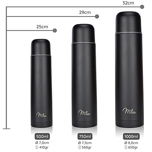 Milu Bouteille isotherme en acier inoxydable - 1L, 750ml, 500ml - Thermo Double Paroi, Sans BPA, Transport Café, Thé, Eau (Noir, 1000 ml)