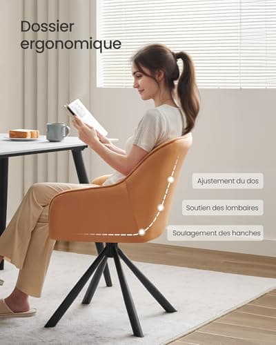 SONGMICS Chaise Salle à Manger, Fauteuil Pivotant, Velours, Rembourrée avec Accoudoirs, Charge 120 Kg, Pieds Acier, pour Salle à Manger, Cuisine, Marron Caramel et Noir d'encre KDC161K01