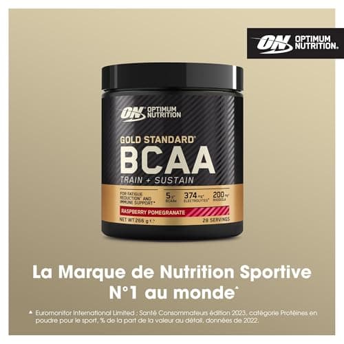 Optimum Nutrition Gold Standard BCAA Train + Sustain, poudre d'acides aminés pré-entraînement, boisson sportive, vitamine C, zinc, magnésium et électrolytes, sav. framboise & grenade, 28 doses, 266 g