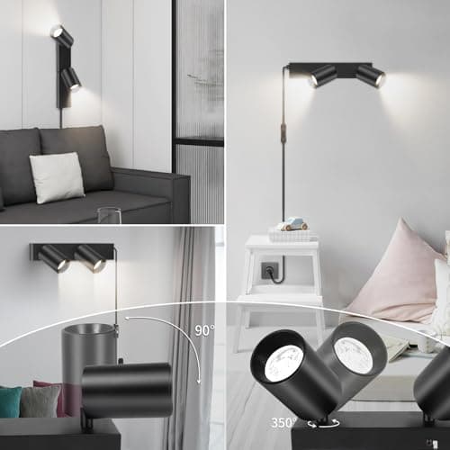 TaFiCo Applique Murale 2 Spots Interieur avec Interrupteur et Prise - Noir Lampe Murale Orientable 350°Spot Luminaire Mural Vintage pour Chambre Salon Cuisine Sans Ampoule