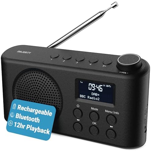 Radio Dab, Dab+ Bluetooth Portable | Batterie Rechargeable ou Alimentation par câble USB-C | 12 Heures de Lecture, Affichage LED, Prise Casque | Double Alarme, FM, 40+ présélections | MAJORITY Orwell