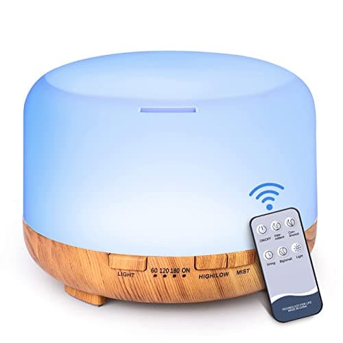 LONID 500ml Diffuseur d'Huile Essentielle, Ultrasonique Diffuseur Huiles Essentielles, Humidificateur d'air lumières 7 Colorées,Arrêt Automatique 4 Timing, Spa, Yoga, Massage,Apaisant (Bois)