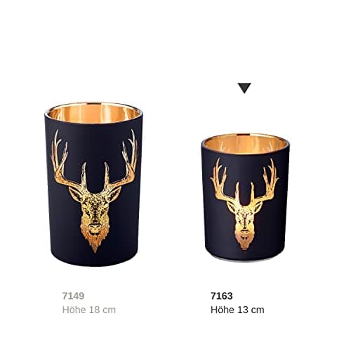 EDZARD Photophore Lio (hauteur 13 cm, diamètre 10 cm), extérieur noir/intérieur doré avec motif de cerf