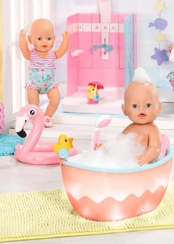 BABY Born Baignoire avec Changement de Couleur - Fonction Douche et Son - Accessoires Haut de Gamme pour poupées de 36 et 43 cm - Fonctionne également avec de l'eau véritable