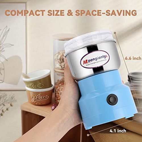 Moongiantgo Moulin à Céréales Multifonctionnel 200W 14500rpm, Moulin à Café Ultra-Fin, 300ml Broyeur à Épices Électrique Portable, Acier Inoxydable, Parfait pour Matières Sèches, Herbes, Café (Bleu)