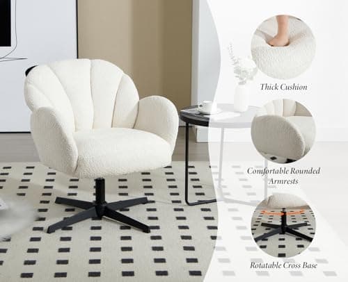 Wahson Fauteuil de Salon en Fausse Fourrure Fauteuil Crapaud Confortable Pied Pivotant Fauteuil Coquillage Siège Rembourée, Fauteuil Coiffeuse pour Salon et Chambre, Blanc