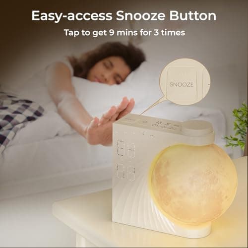 INSSISAIN Mondlampe mit Wecker, 10 beruhigende Töne mit bunter Lichtmodus, Wecklicht für Tisch, Schlafzimmer, Wohnzimmer, fonction snooze, lumière de réveil, 8 couleurs