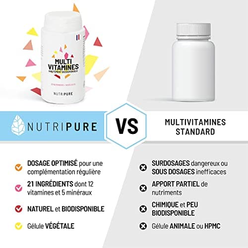 Nutripure | Multivitamines et Minéraux 21 Nutriments | Complément Alimentaire | Magnesium, Vitamine B12, Vitamine D, Zinc | Antioxydant, Cognitif, Vision | 60 gélules | 1 mois | Fabriqué en France