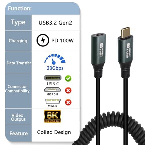 GELRHONR Câble Spiralé USB C vers USB C, Type C Male vers Type C Femelle OTG Câble Charge Rapide 100w, 20Gbps USB 3.2 Gen2×2 8K@60Hz HDR, Pour i/phone15/pro/plus/pro max, s23 s22 s21, Note 20