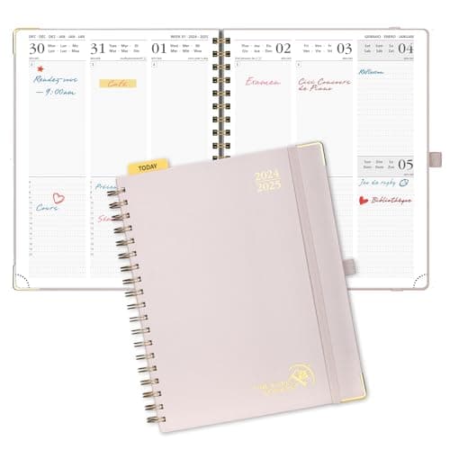POPRUN Agenda 2025 Semainier 25,5 x 21,5cm D'août 2024 à déc 2025, Planner Vertical Scolaire 17 Mois avec Couverture Rigide Spirale, Poche intérieur, Papier Certifié FSC®80 g/m2 - Rose Clair