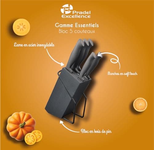 PRADEL EXCELLENCE - Bloc de 5 Couteaux de Cuisine - Lames en acier inoxydable - Manches soft touch - Bloc design gris