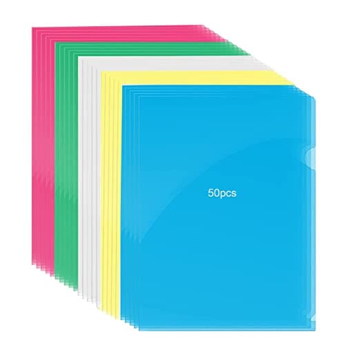 50 Pcs Chemises Plastique, Transparente Pochettes Chemise Coin A4 Pour le Stockage du Papier Couleurs Vives, Pochette Porte Document A4 Dossier Pochette pour Bureau École Documents Classification