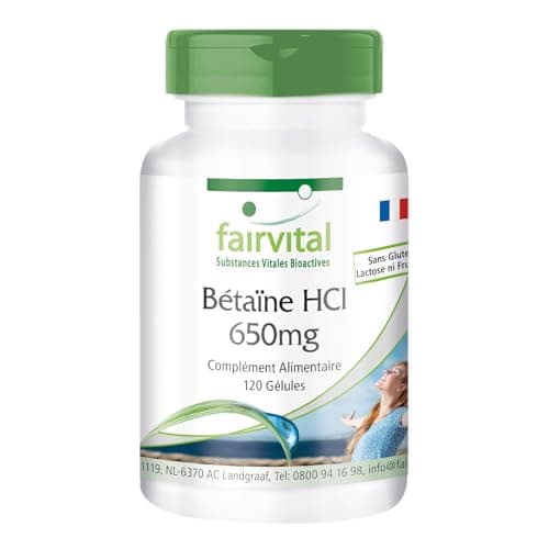 Fairvital | Betaine HCL 650mg - dose élevée - VEGAN - 120 capsules - chlorhydrate de bétaïne