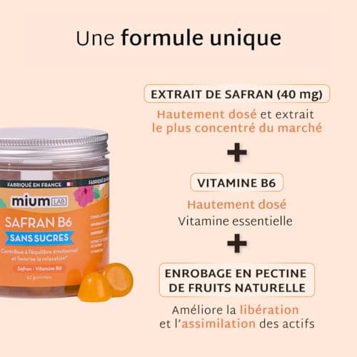 Mium Lab - Gummies Safran Hautement dosé (40mg) et Vit B6 sans sucres - Enfants et Adultes - Formule exclusive - Programme 3 à 6 semaines - Fabriqué en France