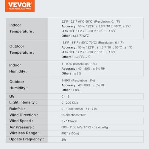 VEVOR Station Météo WiFi 7 en 1 Station Météo sans Fil Intérieur Extérieur Solaire Grand Écran Couleur 7,5 po Station Météo Numérique Capteur pour Température Humidité Vitesse Direction de Vent Pluie