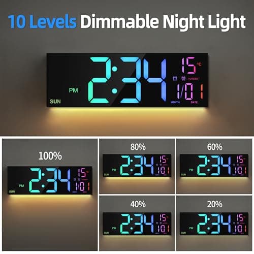 HAITANG Grande Horloge Murale numérique de 16" pour Salon, télécommande, Double Alarme, 8 Couleurs RVB, Grand écran LED, luminosité Automatique, Date, Heure d'été Automatique, température