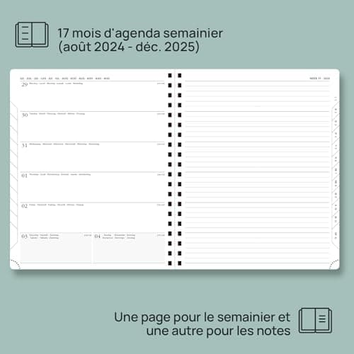POPRUN Agenda 2025 Semainier D'août 2024 à déc 2025 Scolaire - Couverture Souple à Spirale, Onglets Mensuels, Papier 80 g/m2, Boucle de Stylo Autocollante - Format 26,5 x 21,5 cm, Marron