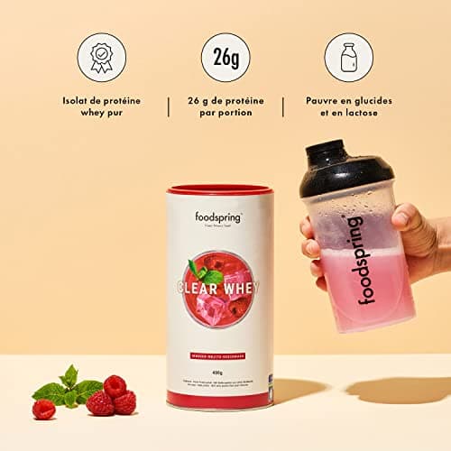 foodspring Clear Whey, Mojito Framboise, 480g, Shake protéiné léger et rafraîchissant de Whey Isolate premium.