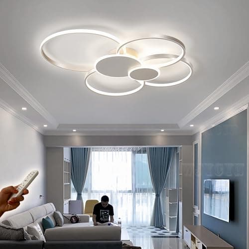 WJYCYN Dimmable Grand salon lampe LED 6 anneau Blanc plafonnier Luminaires de chambre modernes avec télécommandes éclairage de plafond métal acrylique bureau salle à manger 6 Lumières L80cm 70W