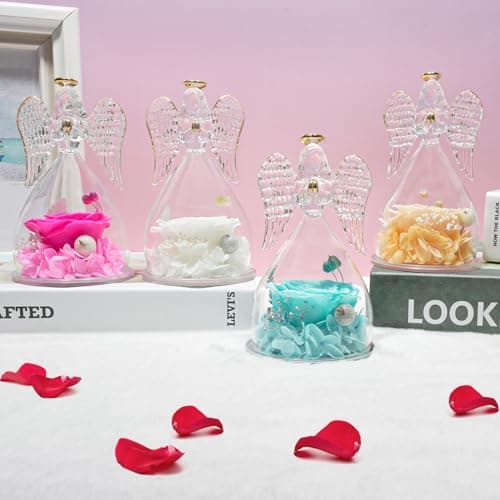 Miofula Figurine d'ange rose éternelle - Cadeau pour femme - Cadeau d'anniversaire pour maman - Fleur éternelle - Dôme en verre - Véritable rose - Cadeau pour mère, grand-mère, petite amie, pour Noël,